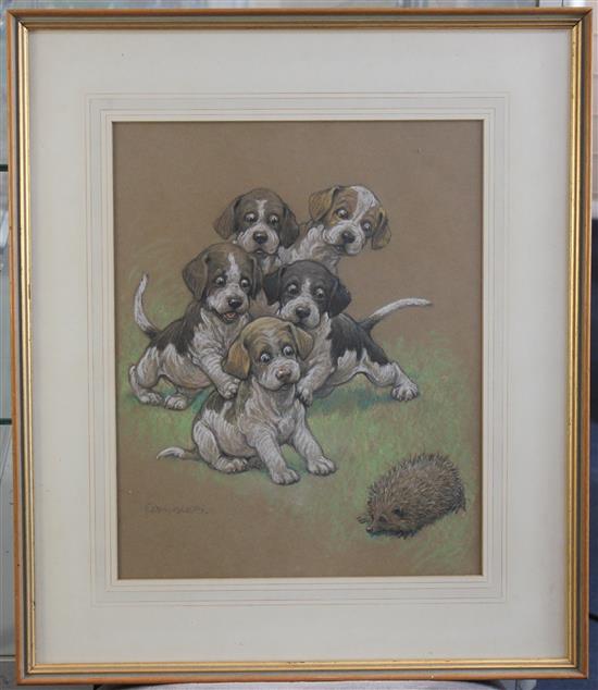 Christopher Gifford Ambler (1886-1965) Cartoon of puppies and a hedgehog, Let Genge do it, 16 x 12.75in.